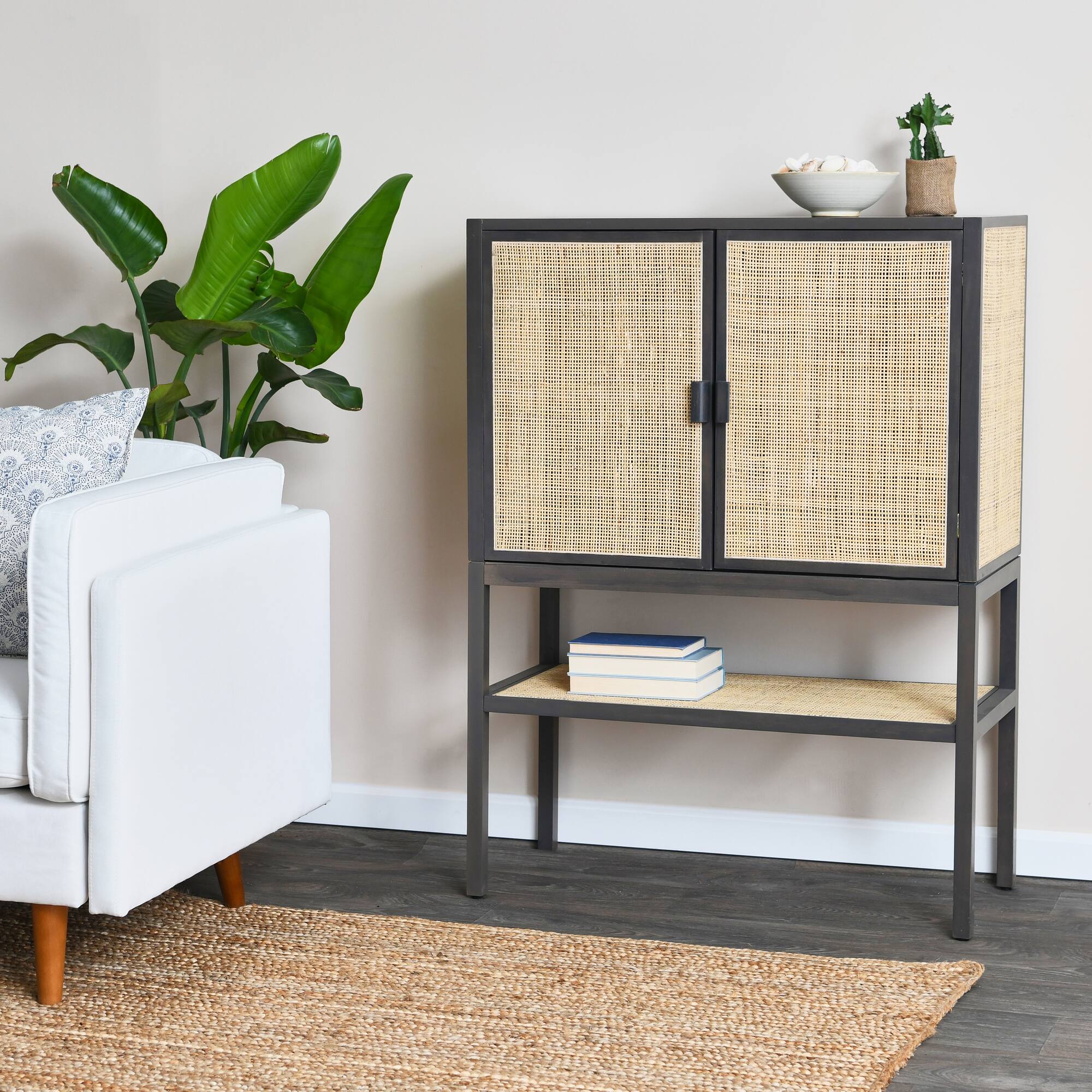 Hello Honey® 47" Boho Woven Rattan and Wood Cabinet with Doors, Shelf